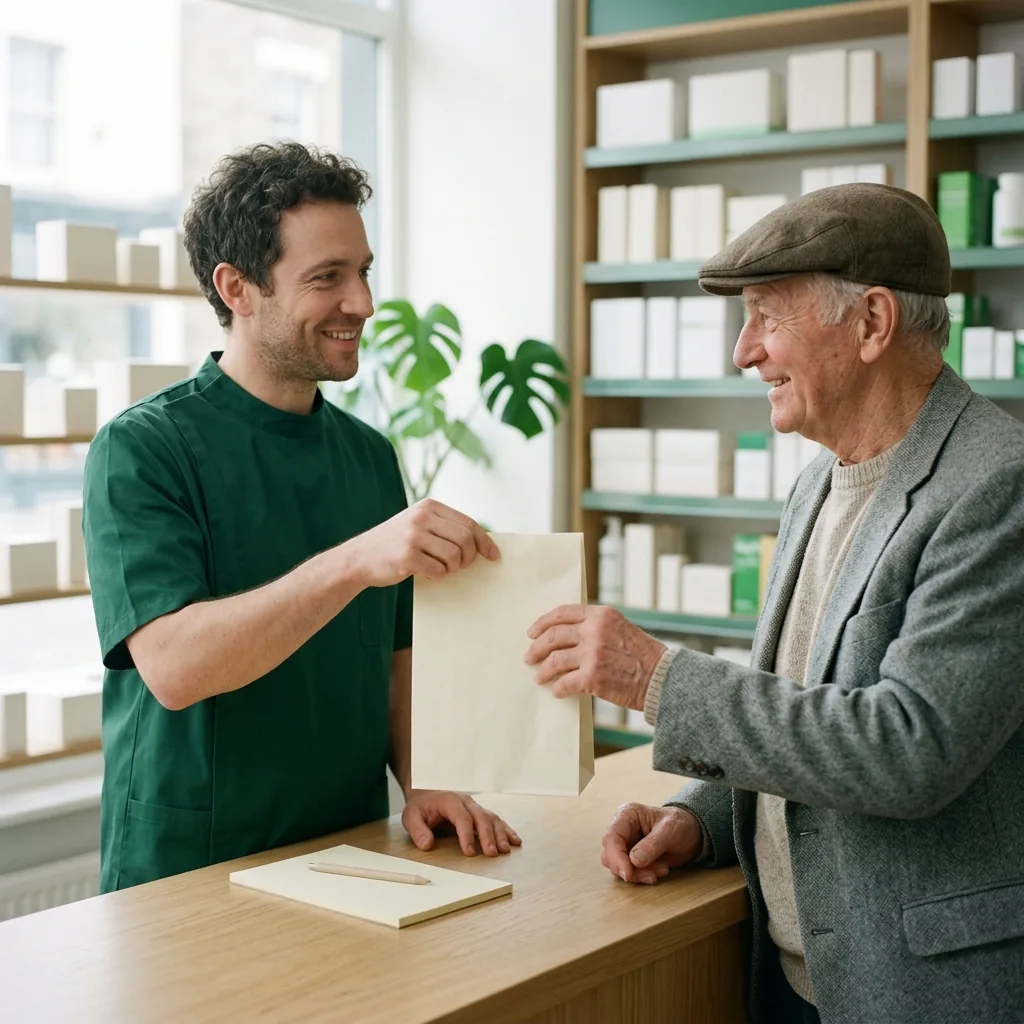 A pharmacist handing a paper bag across the counter to a smiling customer
