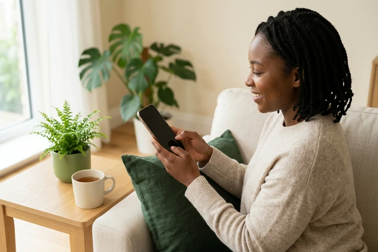 A woman booking an appointment on her phone at home