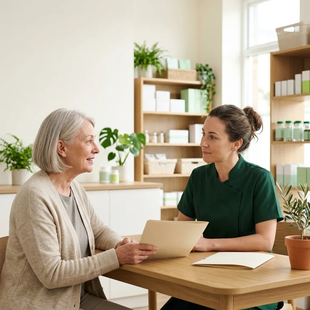A pharmacist listening to a customer during a one-to-one consultation