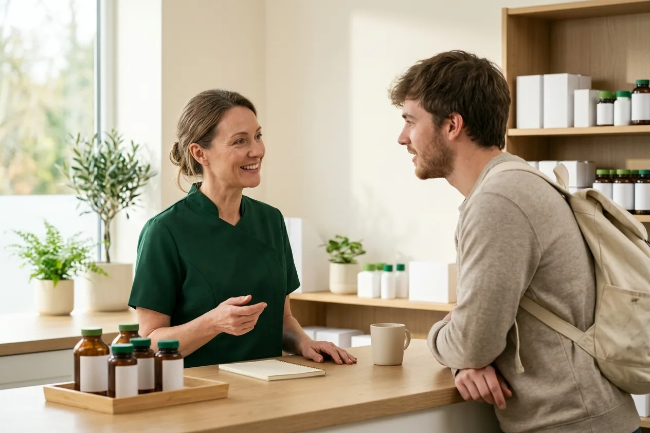 A pharmacist chatting with a customer at the counter