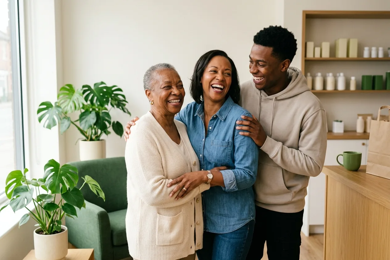 Three generations of a family laughing together in a pharmacy waiting area
