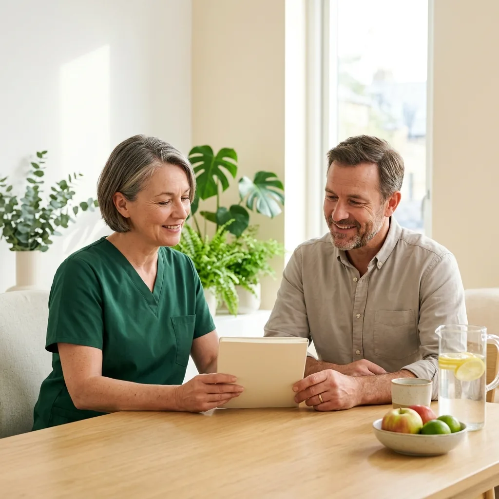A pharmacist and a patient reviewing progress together at a desk